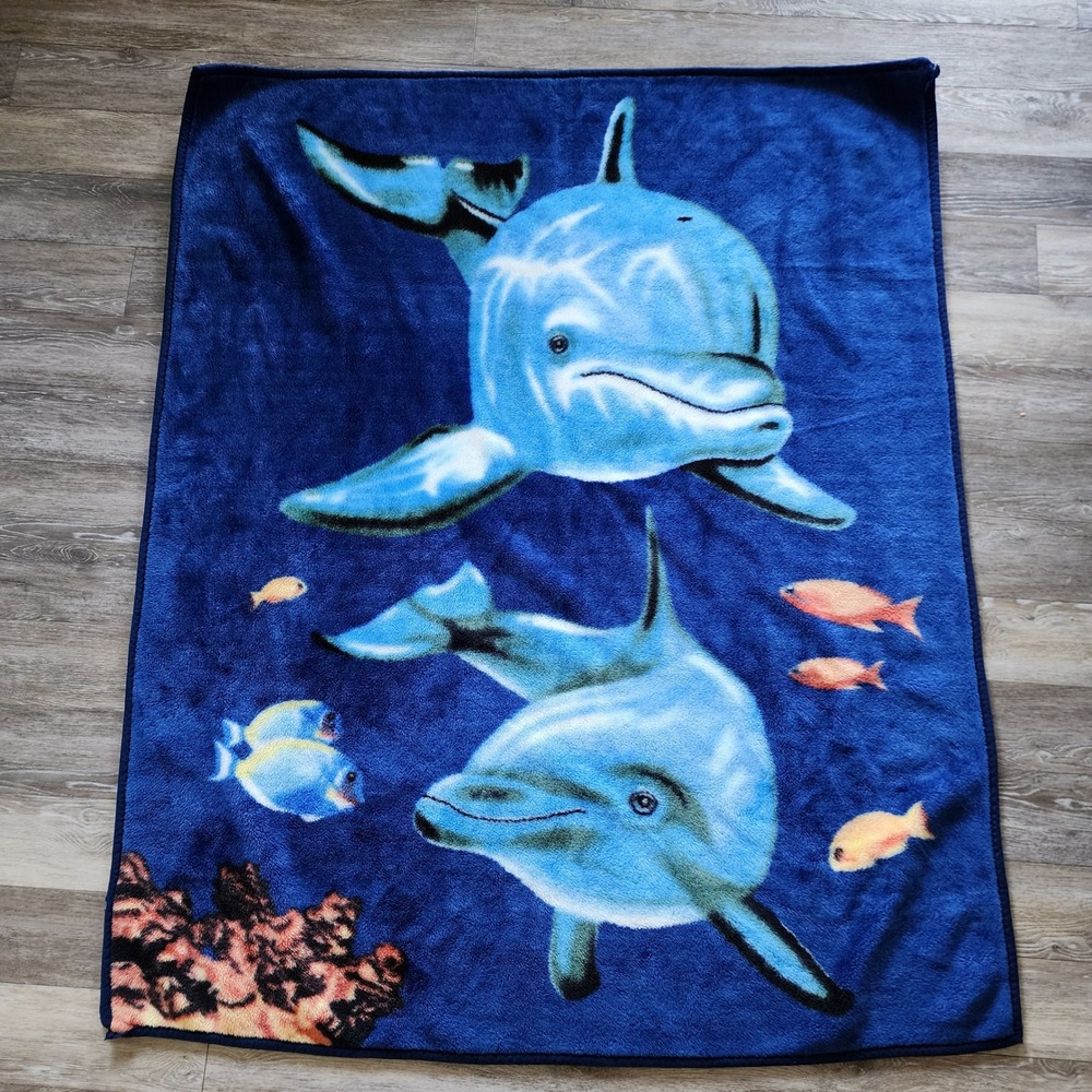Dolphin Fleece Throw Blanket Blue 48x60 Sea Life Ocean Coral Fish Vintage Cozy